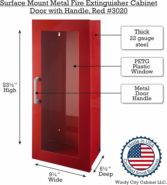 Fire Extinguisher Mount - Red Cabinet with Door - 22 Gauge Steel, Powdercoat Finish, Metal Handle, Universal Wall Mountability - 5-10 lb. Capacity - Made in USA - Extinguisher Not Included