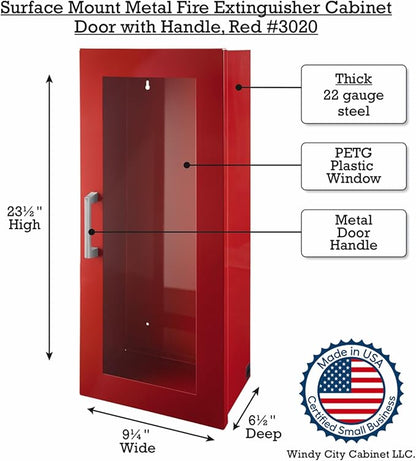 Fire Extinguisher Mount - Red Cabinet with Door - 22 Gauge Steel, Powdercoat Finish, Metal Handle, Universal Wall Mountability - 5-10 lb. Capacity - Made in USA - Extinguisher Not Included