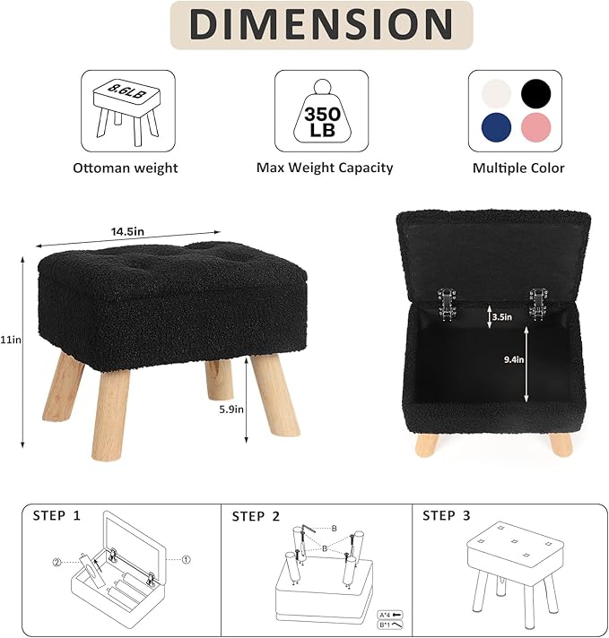 Storage Ottoman, Small Foot Stool Ottoman with Storage, Boucle Teddy Velvet Foot Rest with Padded Seat, Sturdy Wood Legs Stool for Living Room, Bedroom, Couch, Enterway (Black)