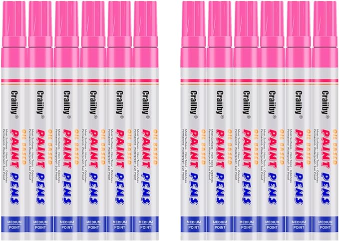 Pink Paint Markers, 12 Pack Oil-Based Waterproof Quick Dry Permanent Paint Pen Set for Rocks Painting, Wood, Fabric, Plastic, Canvas, Glass, Mugs, Metal, Tire, Stone, DIY Craft