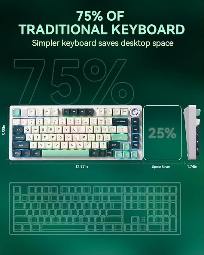 LEOBOG HI75C Pro Gaming Keyboard, RGB Backlit Bluetooth/USB-C/Wireless Mechanical Keyboard, Hot Swappable Creamy Keyboards for PC/MAC/Windows Gamer - Ice Vein Switch, Green