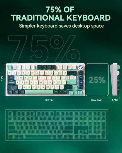 LEOBOG HI75C Pro Gaming Keyboard, RGB Backlit Bluetooth/USB-C/Wireless Mechanical Keyboard, Hot Swappable Creamy Keyboards for PC/MAC/Windows Gamer - Ice Vein Switch, Green
