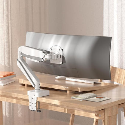 White 45 Premium Aluminum Heavy Duty Monitor Arm, Fits Ultrawide up to 49 inches and 44 lbs Single Desk Mount Stand, Pneumatic Height Adjustable, Max VESA 100x100, A9W