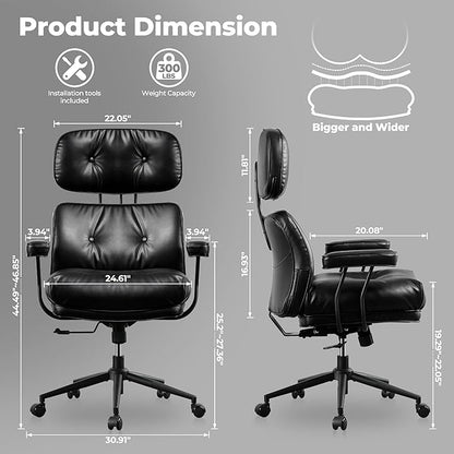 ovios Home Office Chair, Mid-Century Modern Faux PU Leather Chairs with Lumbar Support Comfy Thick Cushion, High Back Ergonomic Swivel Rolling Executive Armchair (Black, PU Leather)