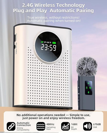Rechargeable Voice Amplifier Wireless Microphone Dual for Teachers Classroom, Mini Lavalier Lapel Mic Clip Magnetic, Bluetooth Speaker with LED Display for Class, Tour Guide, Coaches, White