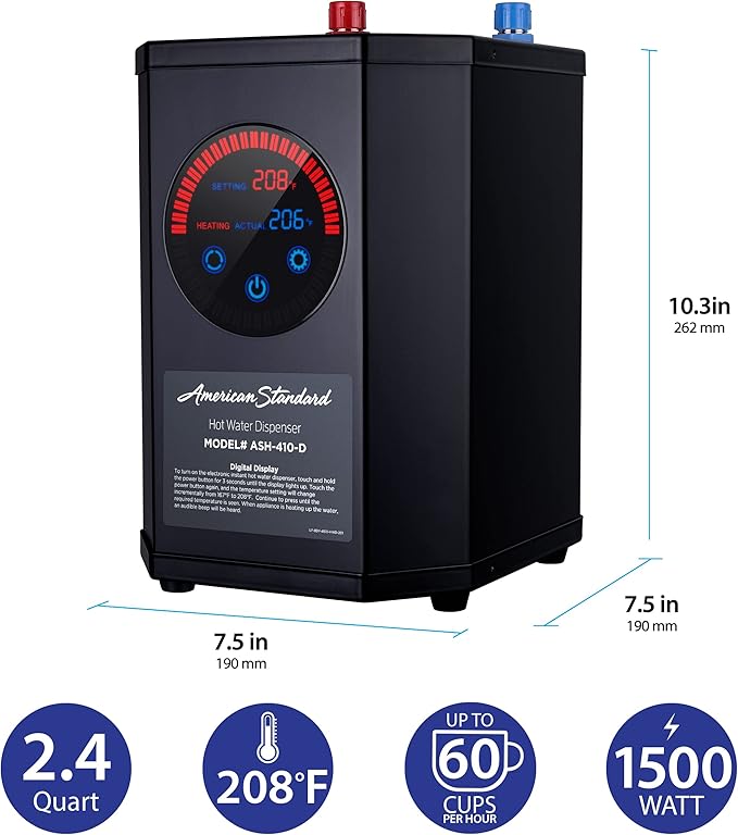 American Standard ASH-410 Digital Hot Water Dispenser, Includes Polished Chrome Dual Handle Faucet 1500 Watts, 110v