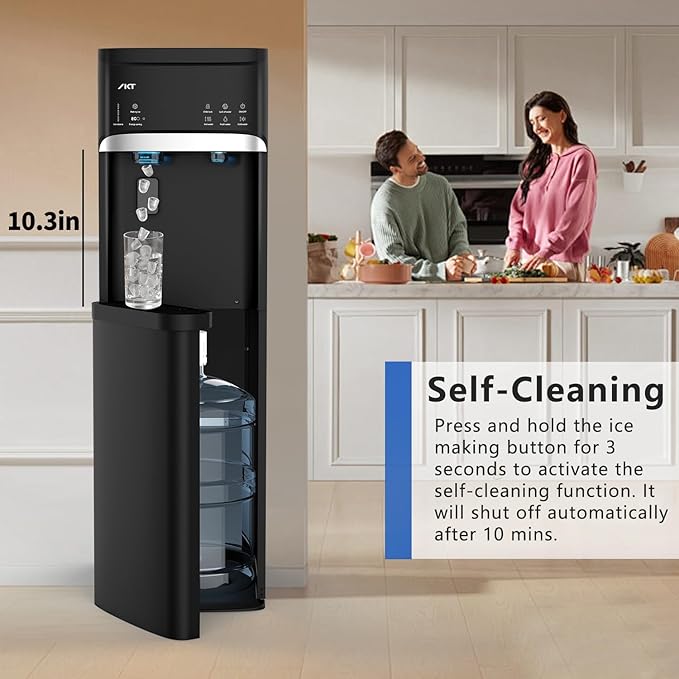 IKT Self Cleaning Hot and Cold Water Cooler Dispenser with Ice Maker Bottom Load for 3-5 Gallon Bottle 22lbs Daily Capacity Child Safety Lock Black