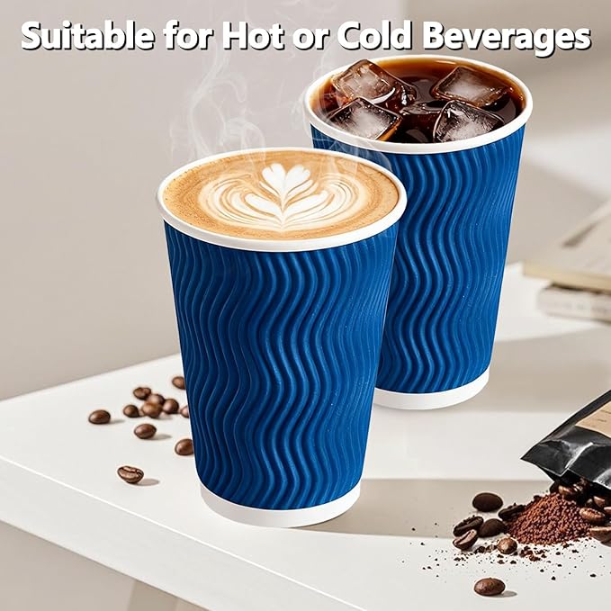 500 Pack 16oz Coffee Cups,Corrugated Insulated Ripple Wall Disposable Paper Coffee Cups 500 Count,Hot Beverages Cup for Office,Party,Home,Travel(Navy)