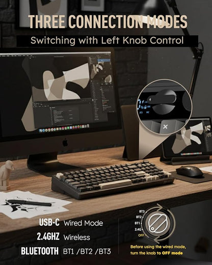 RK ROYAL KLUDGE M100 Wireless Mechanical Keyboard w/Screen & Dual Knobs, Tri-Mode Gasket Mount Gaming Keyboard with Number Pad, Hot Swappable Cream Switch, Black