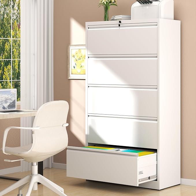 File Cabinet with Lock, 5 Drawer Lateral Filing Cabinet for Home Office, White Metal Heavy Duty File Cabinets for Hanging Letter/Legal/F4/A4 Size Files, Assembly Required