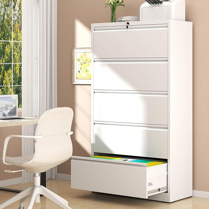File Cabinet with Lock, 5 Drawer Lateral Filing Cabinet for Home Office, White Metal Heavy Duty File Cabinets for Hanging Letter/Legal/F4/A4 Size Files, Assembly Required