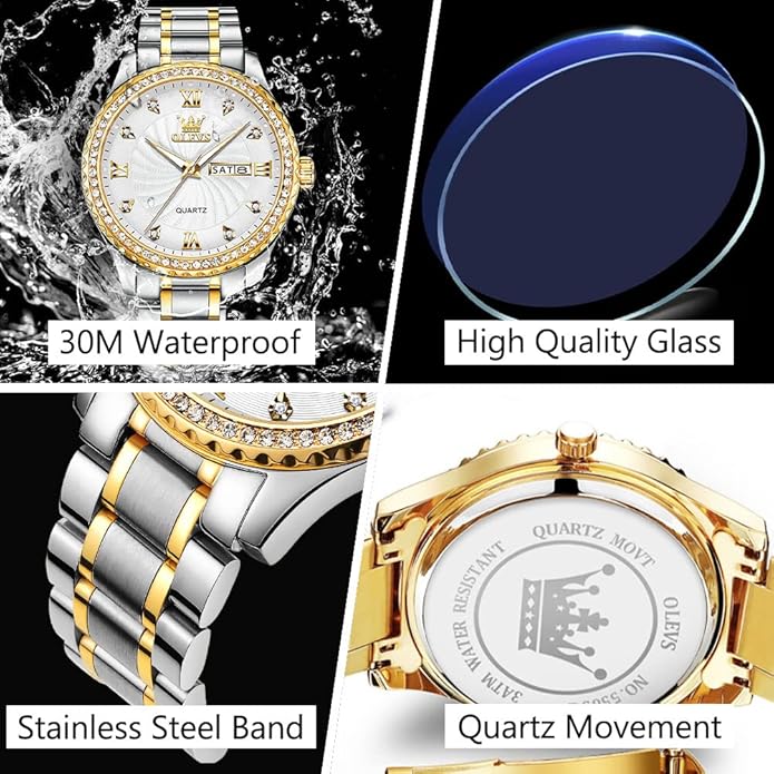 Men's Casual Stainless Steel Watch, Big Face Easy to Read Analog Quartz Watch with Day and Date, Classic Waterproof Diamond Roman Arabic Numerals Dial Dress Watch for Men, Gold Silver Black Band