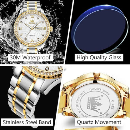 Men's Casual Stainless Steel Watch, Big Face Easy to Read Analog Quartz Watch with Day and Date, Classic Waterproof Diamond Roman Arabic Numerals Dial Dress Watch for Men, Gold Silver Black Band