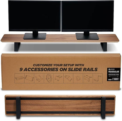 Moodular Wooden Monitor Stand 45.6” (116cm) Large Desk Organizer with Metal Slide Rails for Drawer, Tray, Laptop, Tablet, Phone & Headphones Customizable Riser for Organized Workspace Walnut
