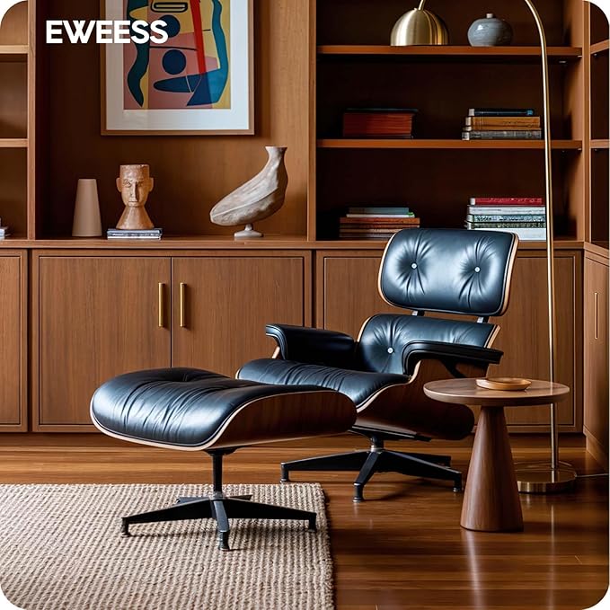 Top Black Grain Leather, Mid Century Chaise Lounge Chair and Ottoman, Modern Chair Classic Design, Walnut Wood, Heavy Duty Base Support for Living Room Study Lounge Office