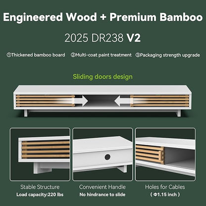 Dual Monitor Stand Riser with Sliding Door, Double Computer Laptop Stand Desk Shelf Organizer with Storage (White + Natural Bamboo, 38 Inch)