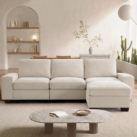 TEKAMON 100" Modular Sectional Sofa with Seats Storage, L Shaped Couch with Movable Ottoman, Chenille Fabric Couch for Living Room, Office, Apart W/Deep Seat, USB Charging,Removable Cover(Beige)