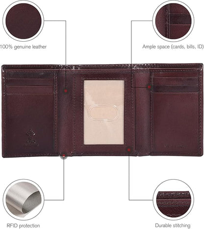 Real Leather Mens Trifold Wallet RFID Blocking Slim Minimalist Front Pocket - Thin & Stylish with ID Window in Gift Box