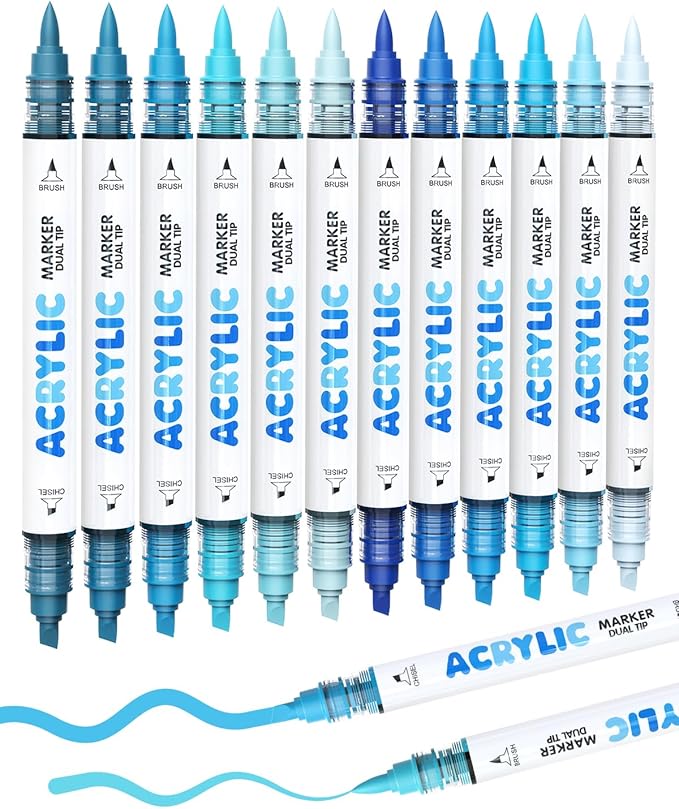 Guangna 12 Blue Dual Tip Acrylic Paint Markers, Brush Tip & Chisel Tip Acrylic Paint Pens for Pumpkin Paint, Rock, Wood, Glass, Paper, Coloring Book, Ceramic, Canvas, Water-Based Ink