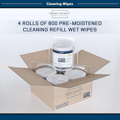 Fitness Gym Equipment Wipes - 4 Rolls of 800 Pre-Moistened Cleaning Refill Wet Wipes - For Upwards and Downwards Dispensers