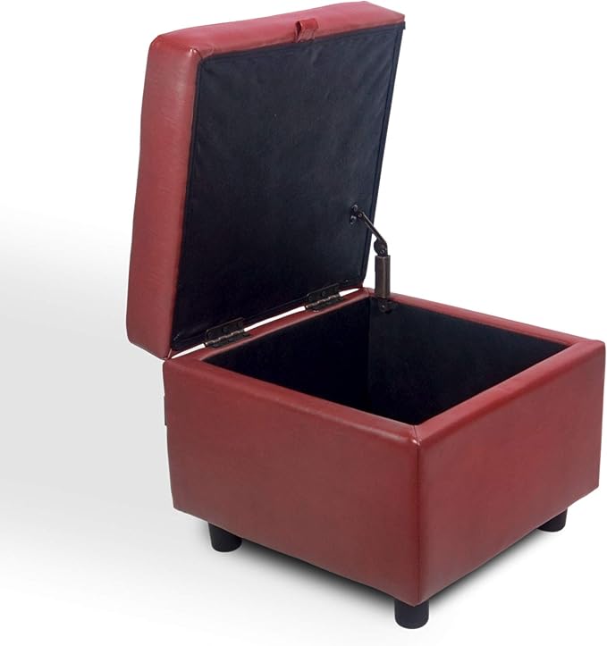 H&B Luxuries Tufted Leather Square Flip Top Storage Ottoman Cube Foot Rest (Red with Storage)