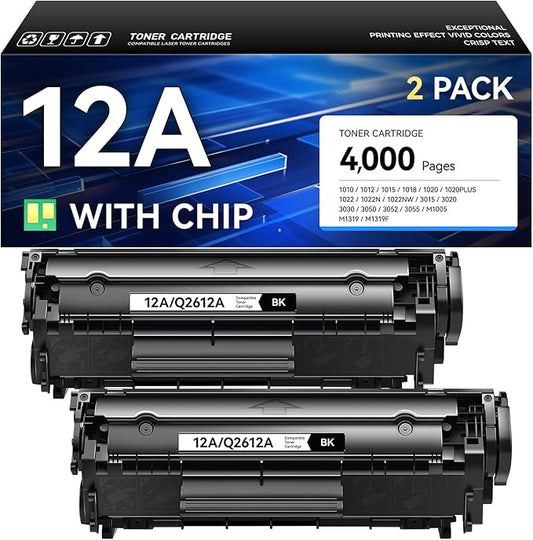 12A Toner Cartridge Black 2-Pack Replacement for HP 12A Q2612A Compatible with HP Laserjet MFP M1005 M1319f 1010 1012 1015 1018 1020 Plus 1022 1022n 1022nw 3015 3020 3030 3050z 3050 3052 3055 Printer