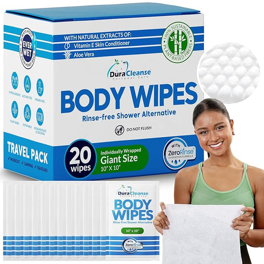 Body Wipes for Adults Bathing No Rinse - 20 Count Travel Shower Wipes - 10 x 11.5" Individually Wrapped Thick Cleansing Waterless Wash Scrubs - Disposable Washcloths for Camping & Elderly Incontinence