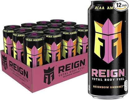 REIGN Total Body Fuel, Reignbow Sherbet, Fitness & Performance Drink, 16 Fl Oz (Pack of 12)