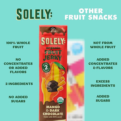 SOLELY - Organic Mango Chocolate Drizzled Fruit Jerky - 1 Individually Wrapped Fruit Strip - Fruit Leather Made from Dried Fruit - Healthy Snacks for Adults & Kids - Vegan - 0.8oz (23g)