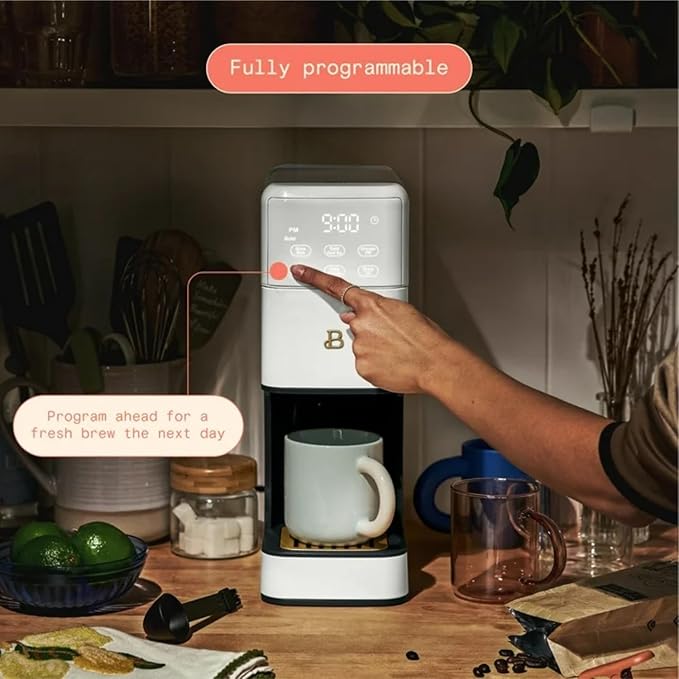 Beautiful Perfect Grind Programmable Single Serve Coffee Maker with Touch-activated Display, Programmable and Integrated Burr Grinder, 64oz Water Reservoir (WHITE ICING)