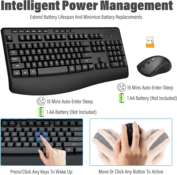 E-YOOSO Wireless Quiet Ergonomic Keyboard and Mouse Combo with Wrist Rest,Keycap Silent Design 90% Less Noise,2.4GHz 104 Keys Full Size,2400 DPI Mouse,for PC Computer/Laptop/Mac/Tablet,Black