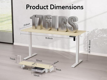 55x24 Inches Electric Standing Desk with Drawer and Monitor Stand, Height Adjustable Stand up Desk for Home Office, Ergonomic Sit to Stand Table with Phone Holder, 3 Hooks, Oak