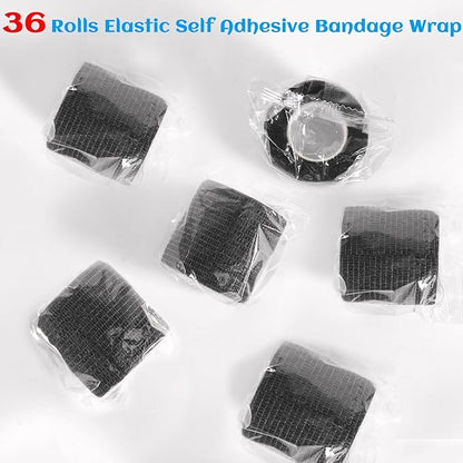 36 Rolls Black Sensi Wrap Elastic Self Adhesive Bandage Wrap 2 Inch, Breathable Cohesive Bandage, Ankle Sprains Swelling Sports Athletic Grip Tape, Dogs Pet Vet Wrap