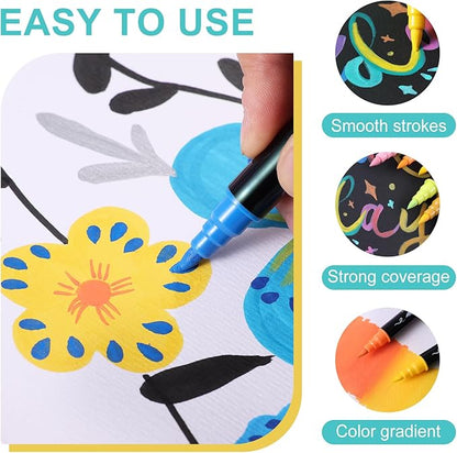 12 Colors Acrylic Paint Markers - Waterproof Dual Tip Acrylic Paint Pens with Brush & Fine Tip Professional Marker Set Scrapbook Markers for Paper Rock Wood Fabric Glass Ceramic and DIY Crafts