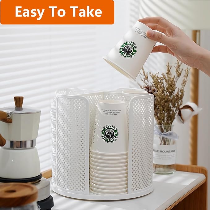 Cup and Lid Organizer Rotatable Coffee Cup Dispenser fit 5-16oz Cups Organizer, Paper Cup Storage Holder with 4 Compartment, Plastic Cup Rack for Countertop, Coffee Shop, Bar, Office White