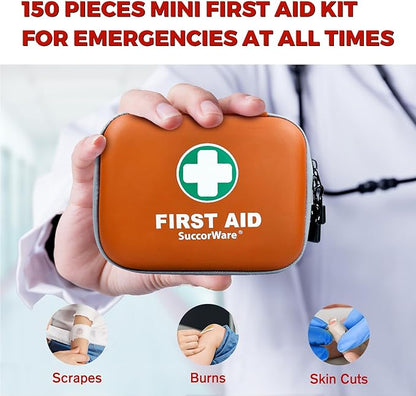 150 Pieces Mini First Aid Kit - Small Medical Kit with Hard Shell - Emergency First Aid Kit for Car, Travel, Home, Outdoor, Office, Camping, Hiking (Orange)