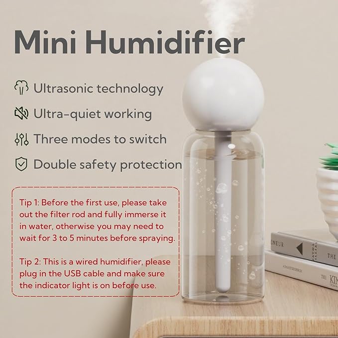 Portable Small Humidifier - Cool Mist Humidifiers with 3 Spray Modes Water Shortage Protection, Ultra-Quiet, Mini Humidifier for Bedroom Plants Office Car Travel