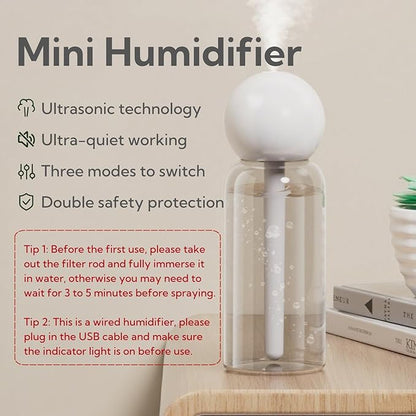 Portable Small Humidifier - Cool Mist Humidifiers with 3 Spray Modes Water Shortage Protection, Ultra-Quiet, Mini Humidifier for Bedroom Plants Office Car Travel