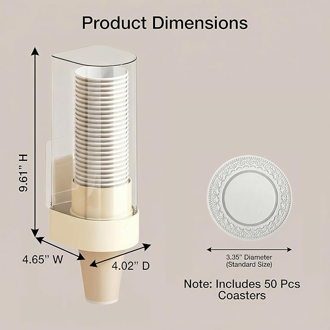 Cup Dispenser Wall Mounted, Large Capacity Bathroom Cup Holder for 4-6oz Cups, Dustproof Water Cooler Organizers with 50 Absorbent Coasters, Beige