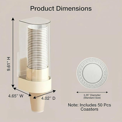 Cup Dispenser Wall Mounted, Large Capacity Bathroom Cup Holder for 4-6oz Cups, Dustproof Water Cooler Organizers with 50 Absorbent Coasters, Beige