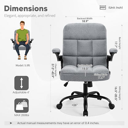 Office Chair with Wheels, Ergonomic Rolling Desk Chair with Flip-up Armrest, Adjustable Home Office Computer Chair Teddy Fleece – Light Gray