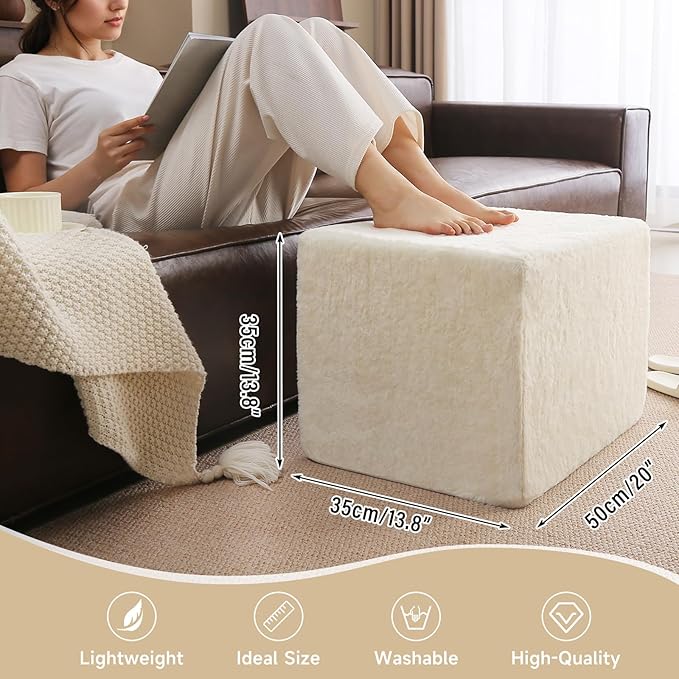 Tiita Square Stuffed Pouf Ottoman, Plush Poufs with Foam Chunk Filling, Foot Rest Stool for Living Room, Cream