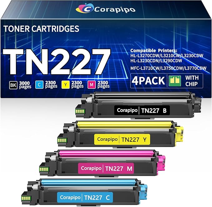 TN227 TN 227 High Yield Toner Cartridge 4 Pack:Compatible Replacement for Brother TN-227 TN223 TN-223 Toner Use with MFC-L3770CDW MFC-L3710CW HL-L3270CDW HL-L3230CDW|TN227BK/C/Y/M