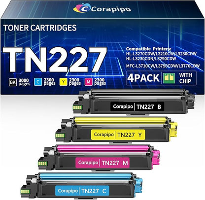 TN227 TN 227 High Yield Toner Cartridge 4 Pack:Compatible Replacement for Brother TN-227 TN223 TN-223 Toner Use with MFC-L3770CDW MFC-L3710CW HL-L3270CDW HL-L3230CDW|TN227BK/C/Y/M