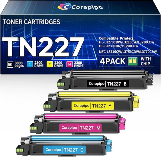 TN227 TN 227 High Yield Toner Cartridge 4 Pack:Compatible Replacement for Brother TN-227 TN223 TN-223 Toner Use with MFC-L3770CDW MFC-L3710CW HL-L3270CDW HL-L3230CDW|TN227BK/C/Y/M
