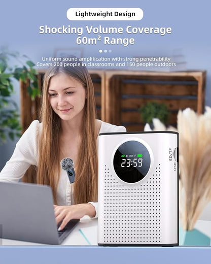 Rechargeable Voice Amplifier Wireless Microphone for Teachers Classroom, Mini Lavalier Lapel Mic Clip Magnetic, Portable Bluetooth Speaker with LED Display for Class, Tour Guide, Coaches, White