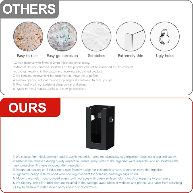 WINFFOR Disposable Cup Organizer Dispenser - Black Acrylic Cup and Lid Holder with Handles Plastic Cup Dispenser Countertop Paper Coffee Cup Holder for Coffee Bar House Party Essentials
