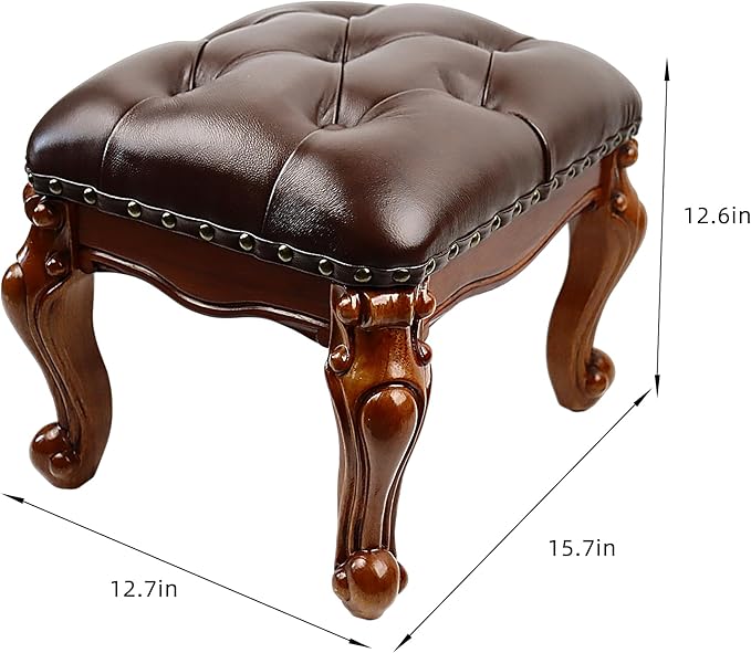 Leather Foot Stool,Vintage Footstools,Wooden Footrest,Upholstered Foot Rest for Living Room,Sofa,Entryway,Solid Wood Stool (Cherry)