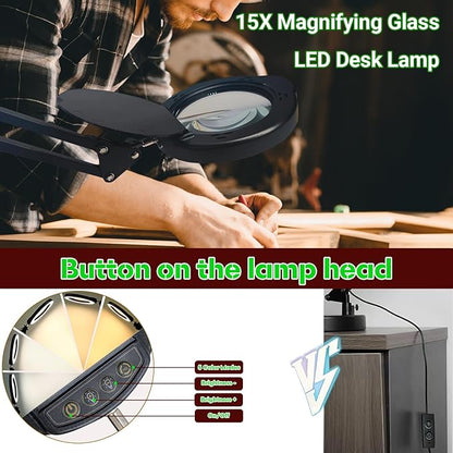 15X Magnifying Glass with Light and Clamp, 5 Color Modes 10 Levels Adjustable Brightness, 2-in-1 Desk Lamp with Clamp, Hands Free Magnifier with Dust Cover for Craft Hobby Reading Repair Close Works