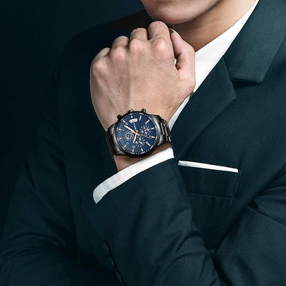 CRRJU Men's Fashion Stainless Steel Watches Date Waterproof Chronograph Wristwatches,Black Steel Band Waterproof Quartz Watch for Men